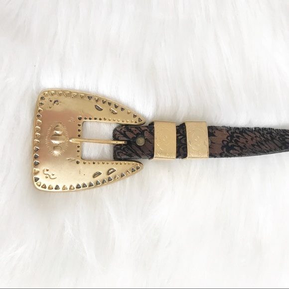 Black Leather belt with brown print gold hardware - Picture 4 of 6